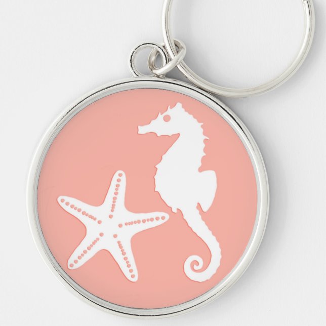 Seahorse & starfish - Light Coral Rosa Rund Silverfärgad Nyckelring (Framsidan)