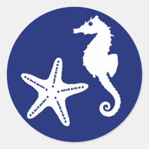 Seahorse & Starfish, marinblått och vitt Runt Klistermärke