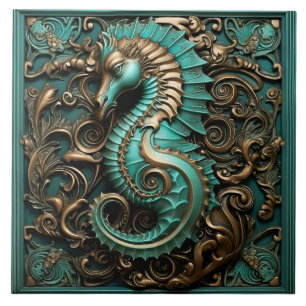 Seahorse Teal and Copper Marine Life Aquatic Kakelplatta
