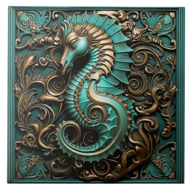 Seahorse Teal and Copper Marine Life Aquatic Kakelplatta (Framsidan)