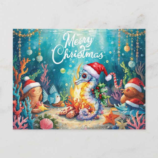Seahorse Under the Sea Christmas Party  Helg Vykort (Framsida)