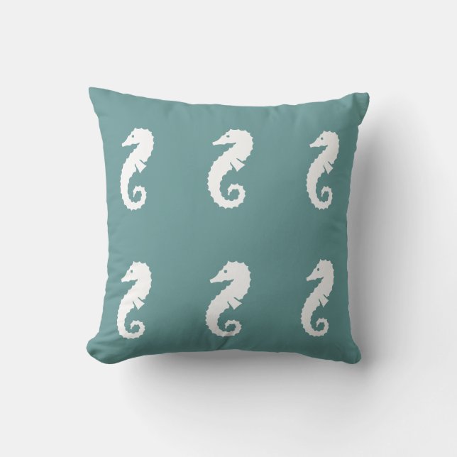 SEAHORSE WHITE on teal aqua blue vid uddar Kudde (Framsida)