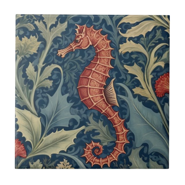 Seahorse William Morris stil L Aquatic Sea Ocean Kakelplatta (Framsidan)