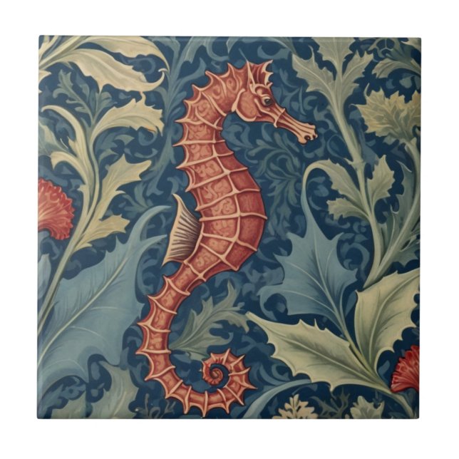 Seahorse William Morris stil R Sea Ocean Marine Kakelplatta (Framsidan)