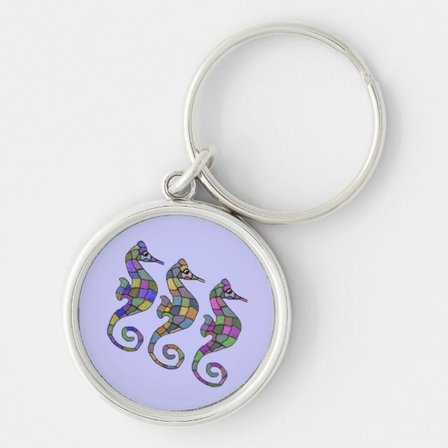 Seahorseregnbågesilvret Keychain Rund Silverfärgad Nyckelring (Framsidan)