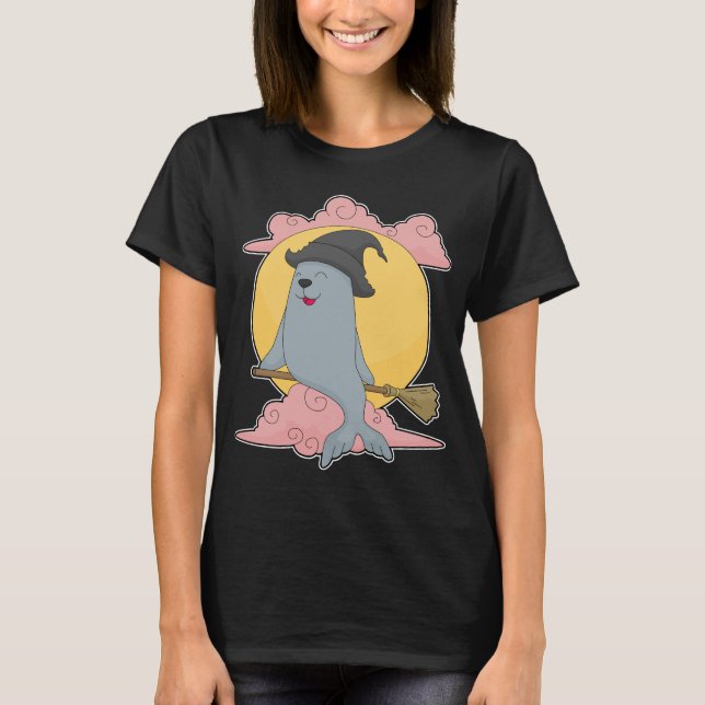 Seal Halloween Witch Broom T Shirt (Framsida)