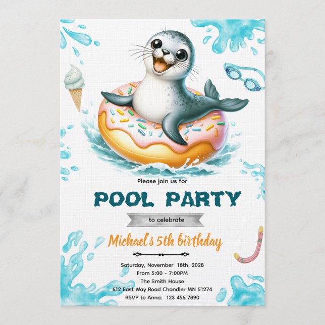 Seal pool party invitation inbjudningar (Framsida)