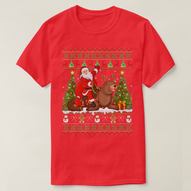 Seals Lover Funny Ugly Santa Riding Seals Christma T Shirt (Design framsida)
