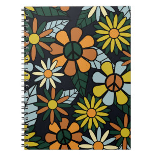 Seamless 70's retro hippie blommor mönster - Vinta Anteckningsbok