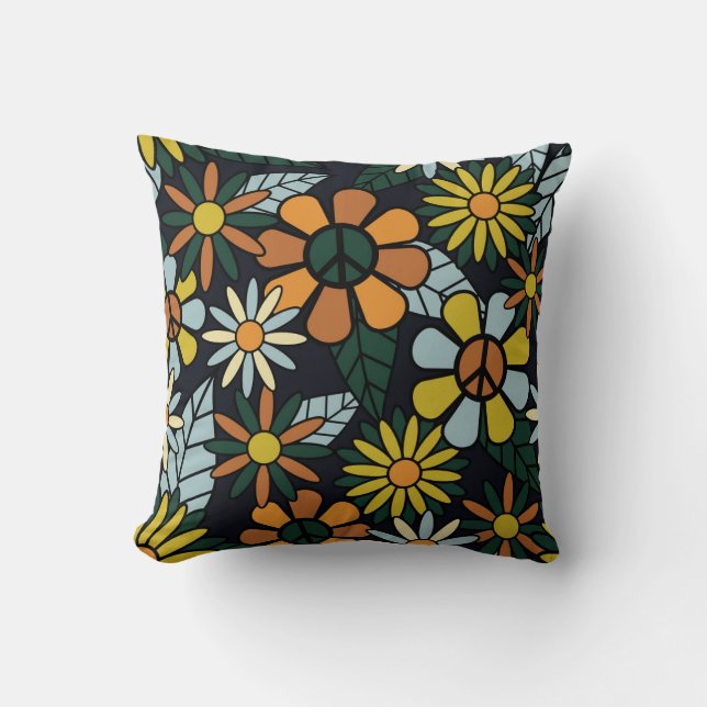 Seamless 70's retro hippie blommor mönster - Vinta Kudde (Framsida)