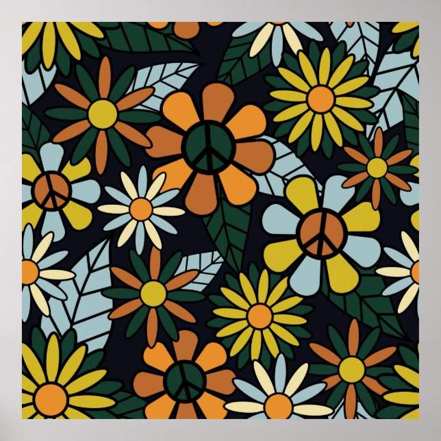 Seamless 70's retro hippie blommor mönster - Vinta Poster (Framsidan)