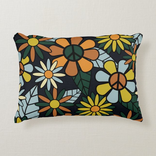 Seamless 70's retro hippie blommor mönster - Vinta Prydnadskudde (Framsidan)