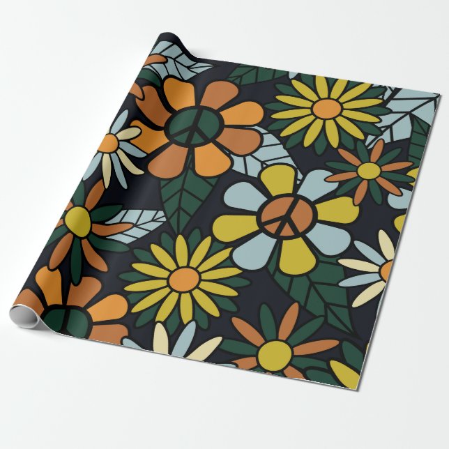 Seamless 70's retro hippie flowers pattern - Vinta Presentpapper (Utrullad)