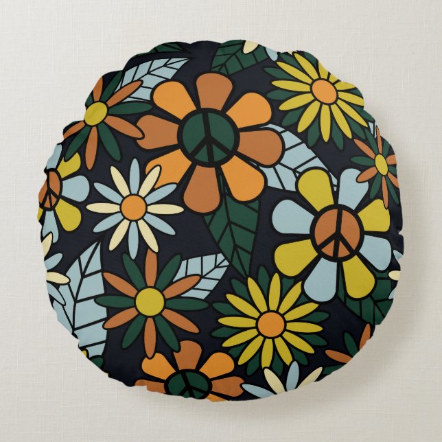 Seamless 70's retro hippie flowers pattern - Vinta Rund Kudde (Framsidan)