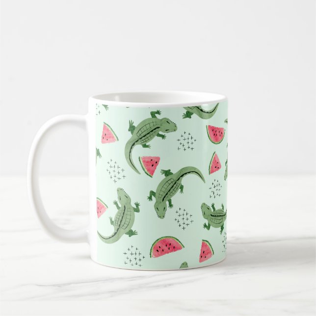 Seamless crocodile pattern with watermelon slices. kaffemugg (Vänster)