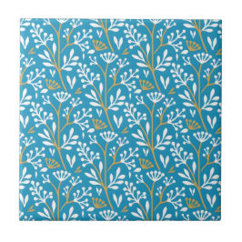 Seamless Floral Pattern: White and Gold on Blue Kakelplatta