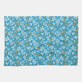 Seamless Floral Pattern: White and Gold on Blue Kökshandduk