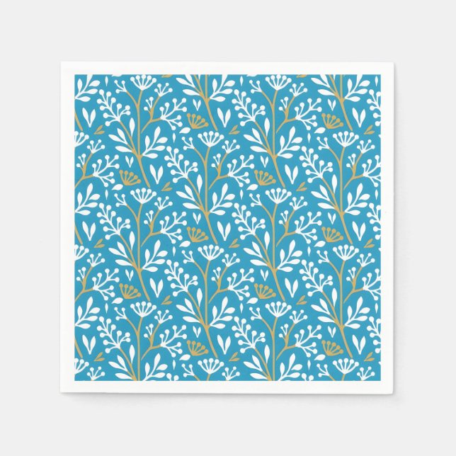 Seamless Floral Pattern: White and Gold on Blue Pappersservett (Framsidan)