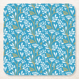 Seamless Floral Pattern: White and Gold on Blue Underlägg Papper Kvadrat