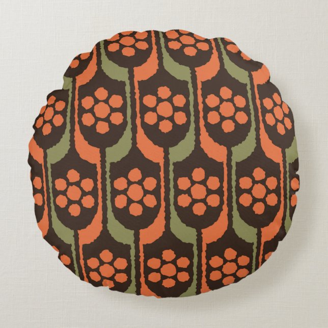 Seamless flower repeat pattern orange gold50s,60s, rund kudde (Framsidan)