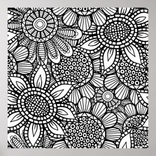 Seamless Folk Art Blommigt Doodle Mönster Poster