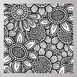 Seamless Folk Art Blommigt Doodle Mönster Poster