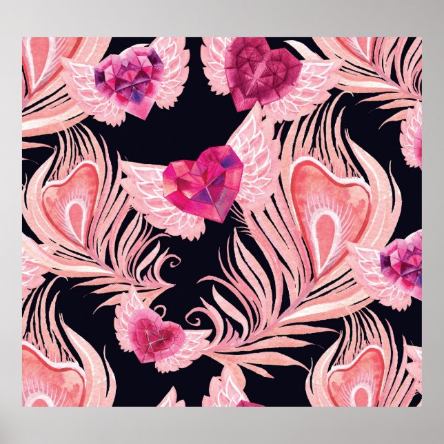 Seamless Gentle Watercolor Valentines Mönster Poster (Framsidan)