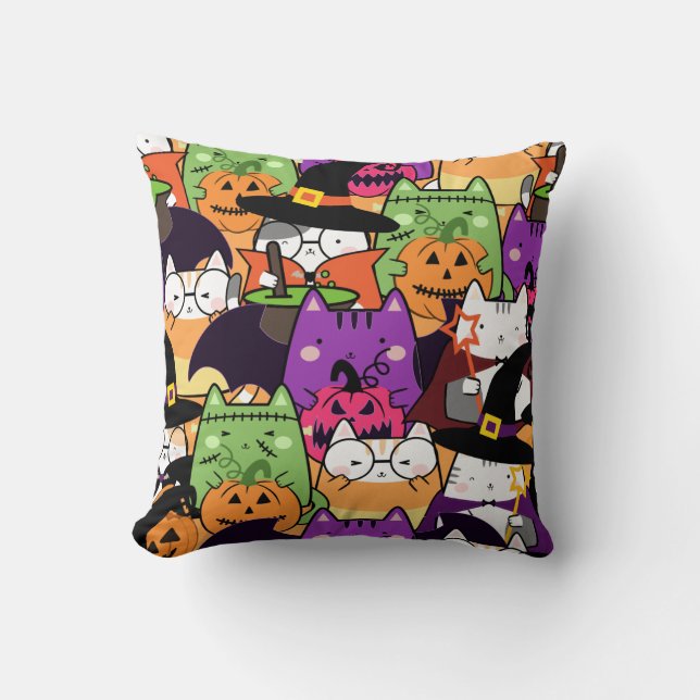 Seamless Kawaii Cat Halloween Mönster Kudde (Framsida)