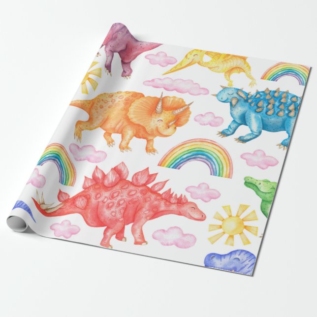 Seamless pattern depicting colored dinosaurs, rain presentpapper (Utrullad)