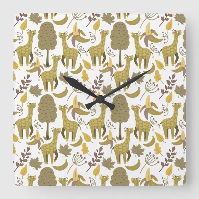 Seamless pattern Giraffe yellow white background Fyrkantig Klocka (Framsida)