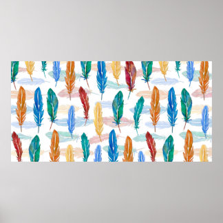 Seamless pattern of bright feathers painted in wat poster