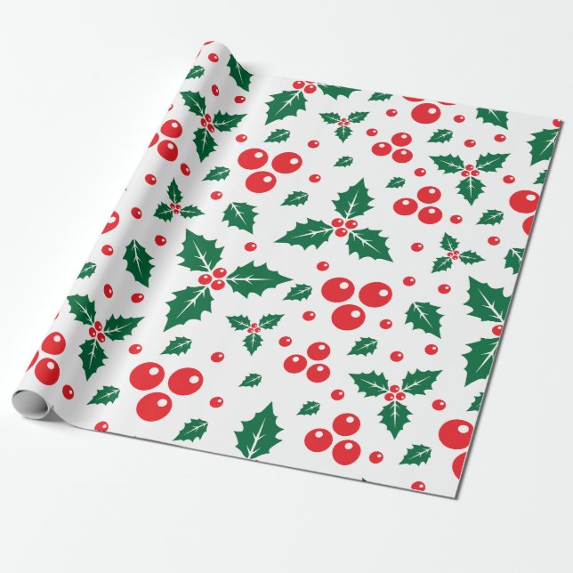 Seamless pattern of holly berry leaves presentpapper (Utrullad)
