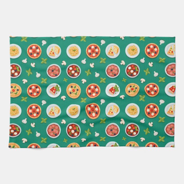 Seamless pattern on green pizza pasta and tomato kökshandduk (Horisontell)