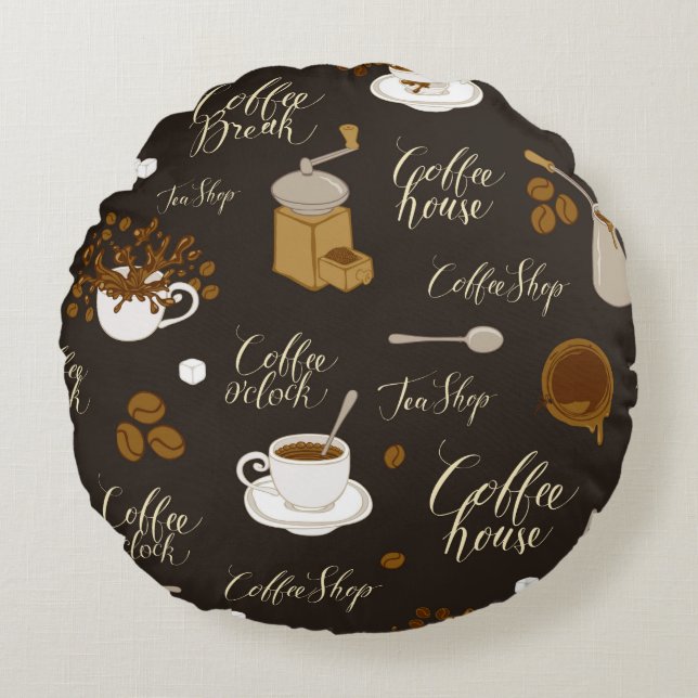 Seamless pattern on tea and coffee theme in retro  rund kudde (Framsidan)