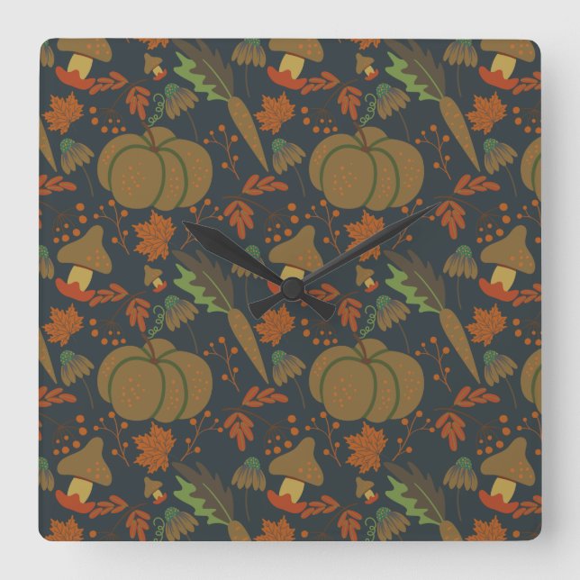 Seamless pattern Pumpkin & carrot dark background Fyrkantig Klocka (Framsida)