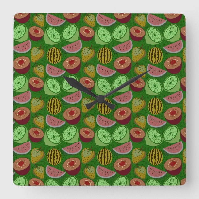 Seamless pattern tropical fruit & green background fyrkantig klocka (Framsida)