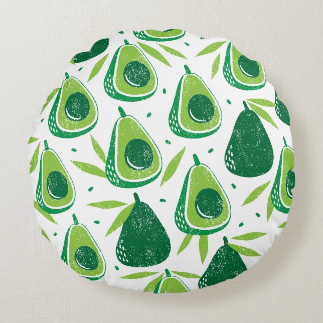 Seamless pattern with avocados. Stamp textured. vi Rund Kudde (Framsidan)