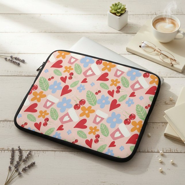 seamless pattern with hearts,  flowers and cherrie laptop fodral (Skapare uppladdad)