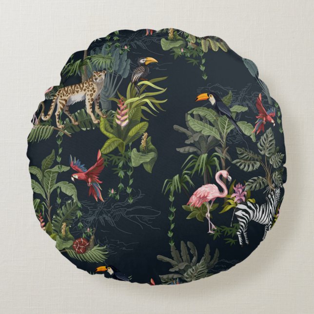 Seamless pattern with jungle animals, flowers and  rund kudde (Framsidan)