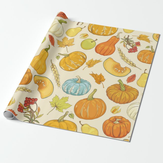 Seamless pattern with pumpkins, autumn leaves, app presentpapper (Utrullad)