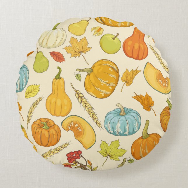 Seamless pattern with pumpkins, autumn leaves, app rund kudde (Framsidan)