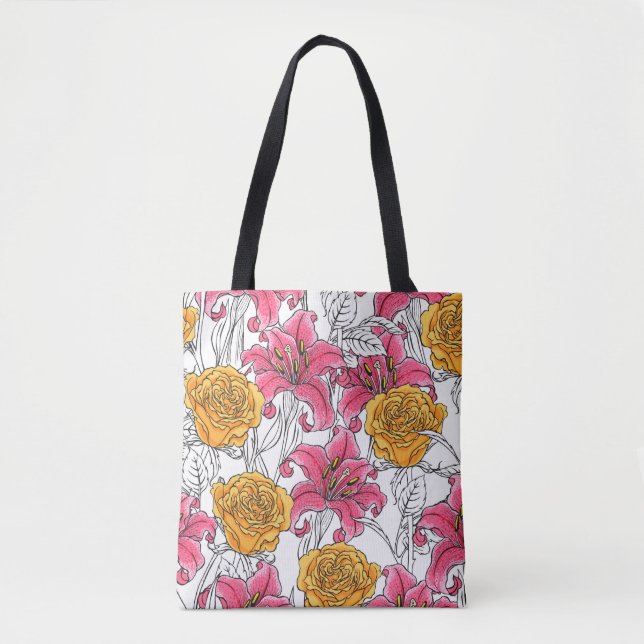 Seamless pattern with roses and lilies. Hand drawn Tygkasse (Framsida)
