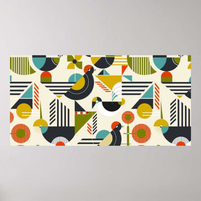 Seamless pattern with stylized birds in retro bauh poster (Framsidan)
