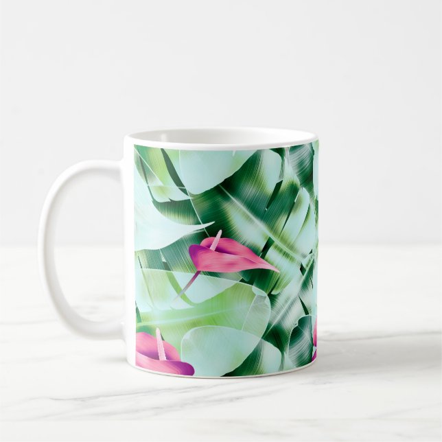 Seamless tropical leaves pattern background, retro kaffemugg (Vänster)