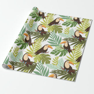 Seamless tropical pattern with toucan and palm lea presentpapper