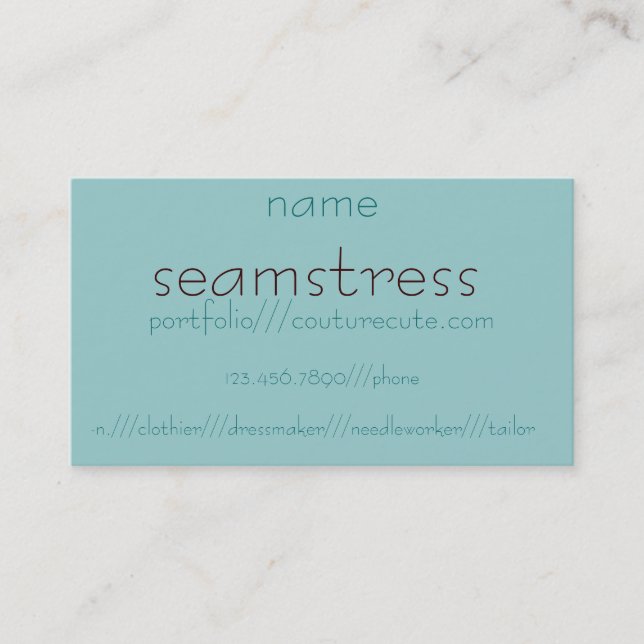 seamstress - n. ///clothier///dressmaker///needl… visitkort (Framsida)