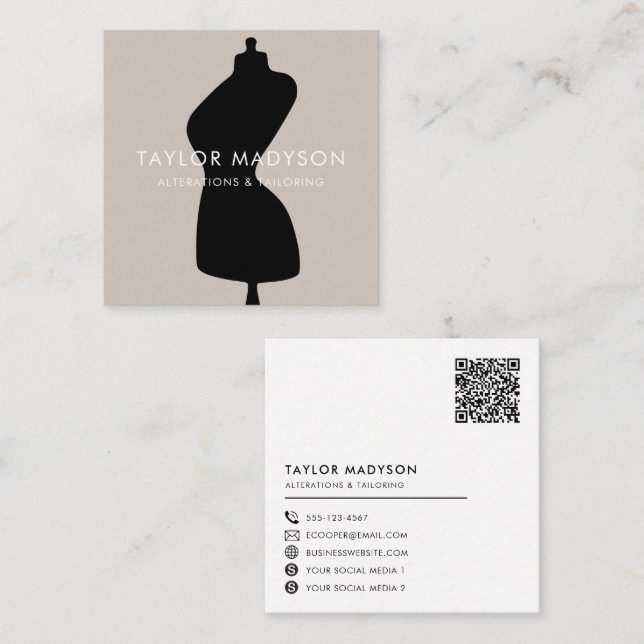 Seamstress Tailor Mannequin Logotyp QR-kod Fyrkantigt Visitkort (Fram/baksida)