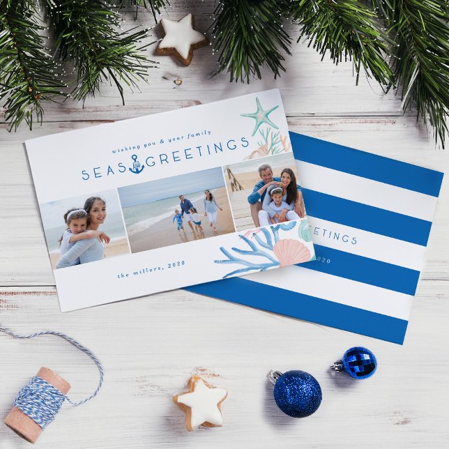 Seas & Hälsning Seashell Julgran Photo Julkort (Seas & Greetings Seashell Christmas Tree Photo Holiday Card)