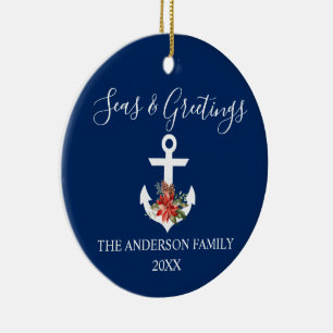 Seas och Hälsning Poinsettia Anchor PHOTO BACK Julgransprydnad Keramik