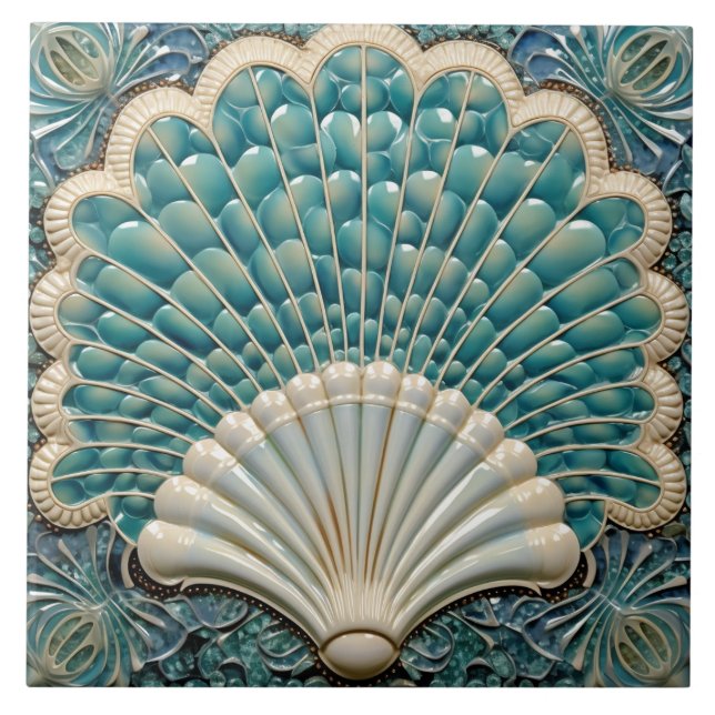 Seashell Aquamarine Art Deco Inspired Kakelplatta (Framsidan)
